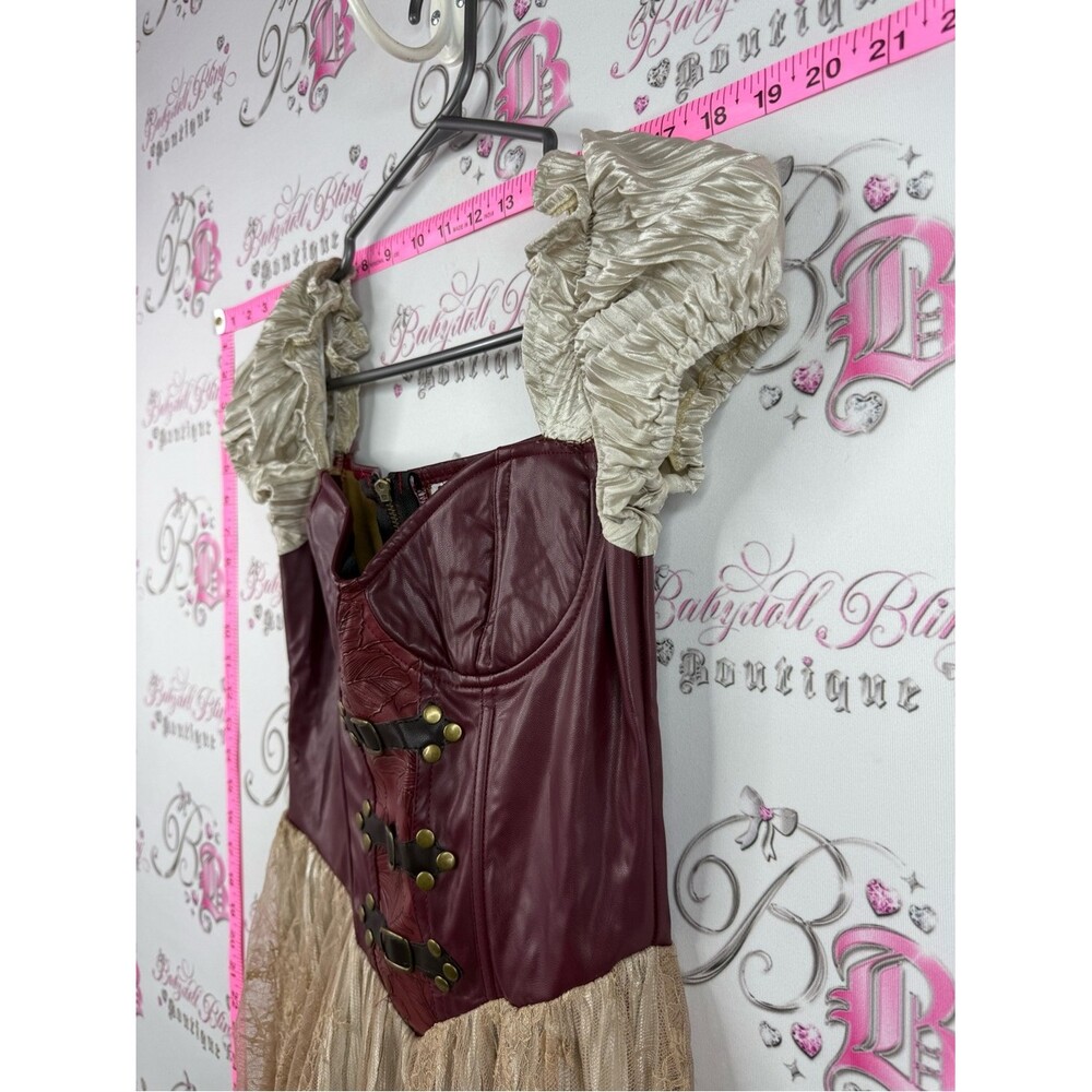 Spirit Halloween dress bustier Burgundy and Champagne Steampunk Corset Gown - Picture 6 of 12